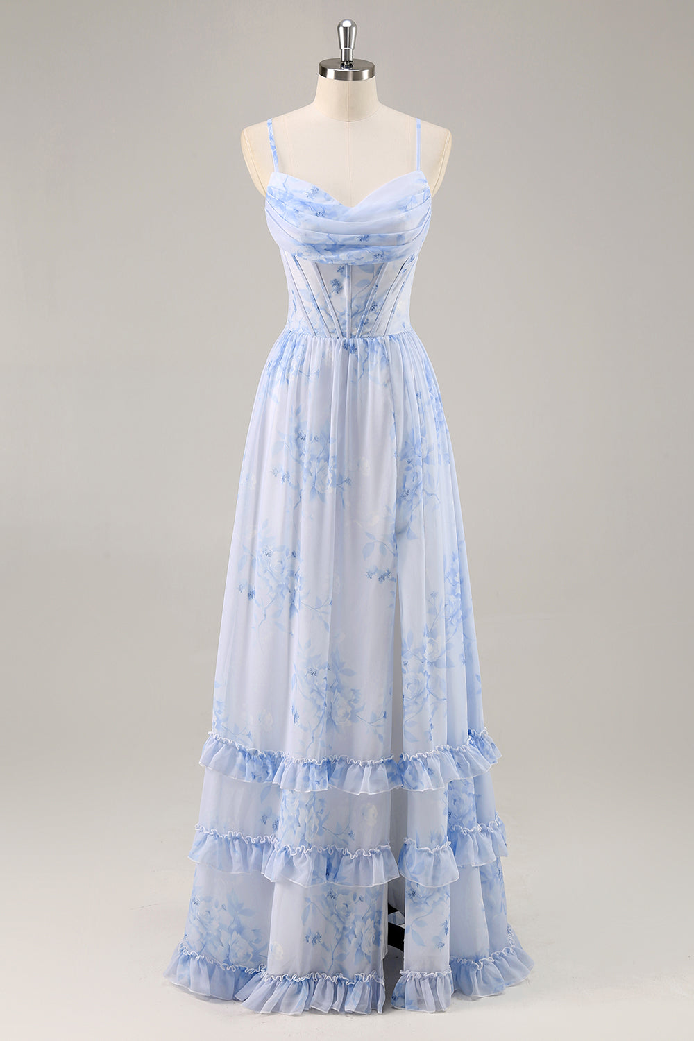 Blue Flower A-Line Cowl Neck Corset Long Bridesmaid Dress with Slit