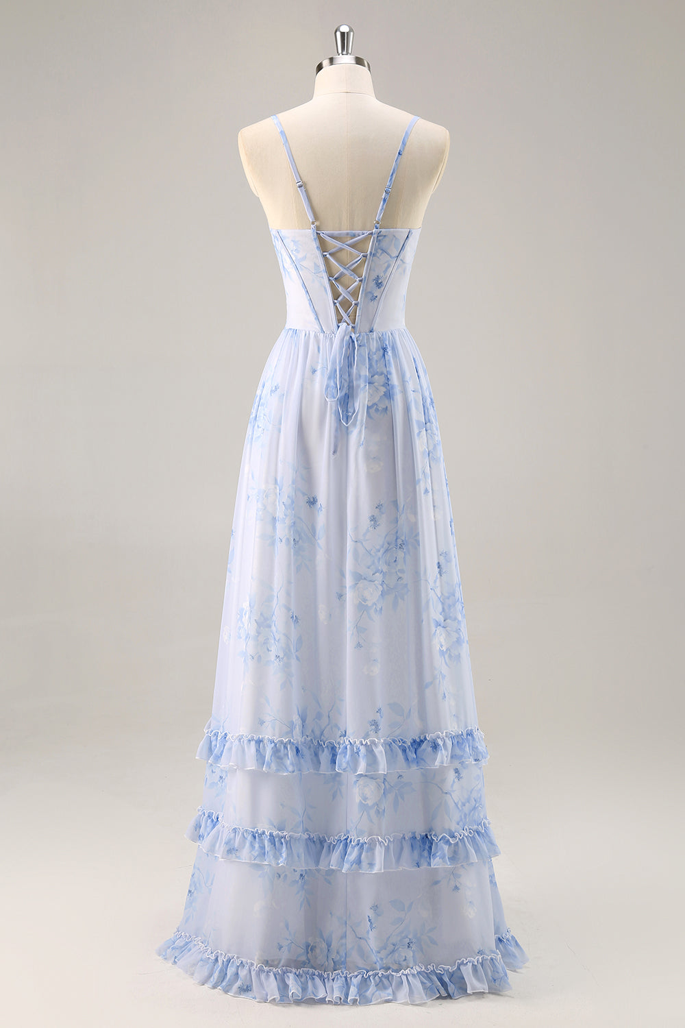 Blue Flower A-Line Cowl Neck Corset Long Bridesmaid Dress with Slit