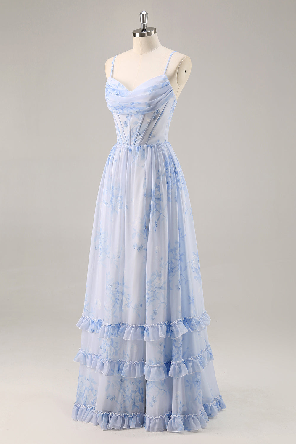 Blue Flower A-Line Cowl Neck Corset Long Bridesmaid Dress with Slit
