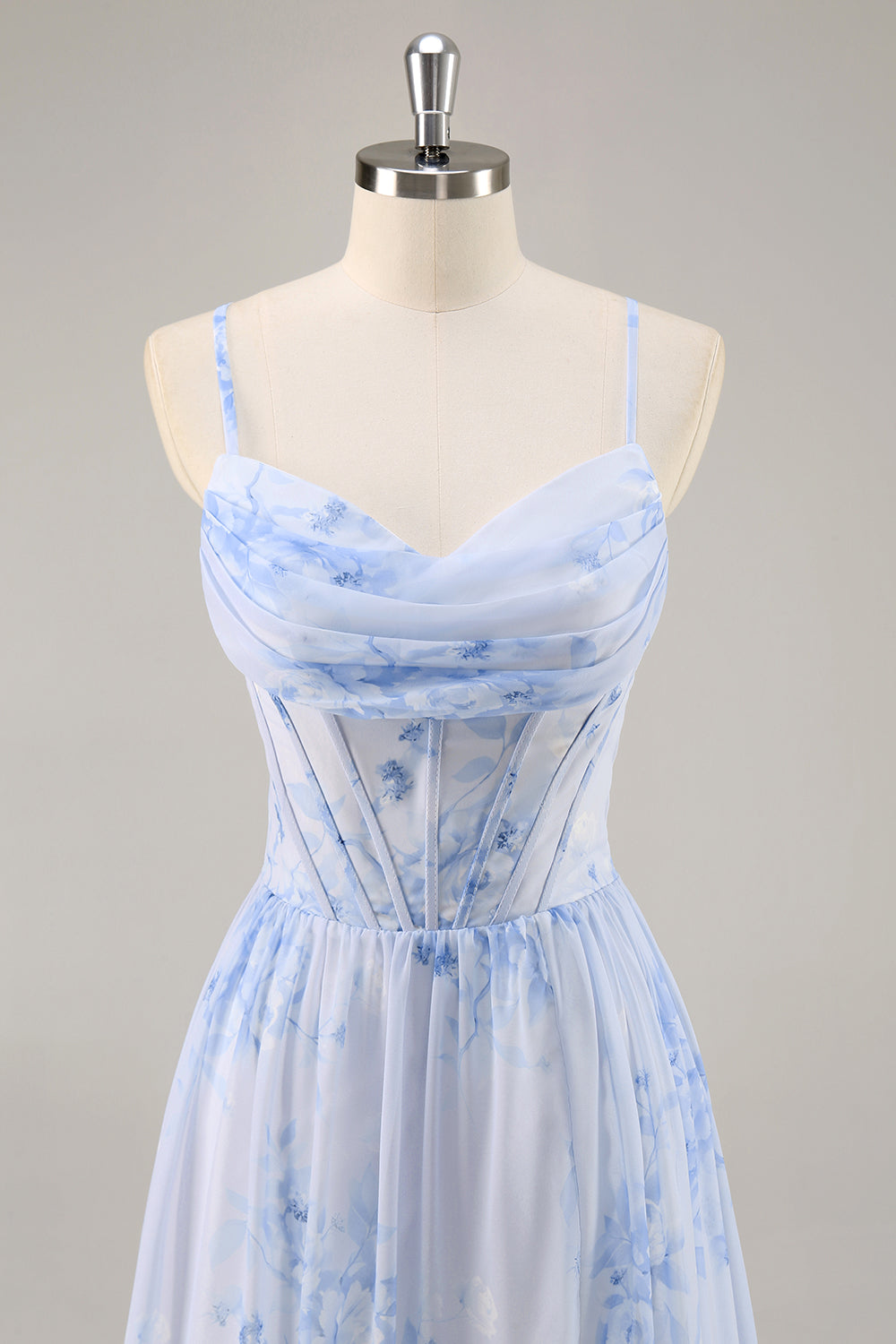 Blue Flower A-Line Cowl Neck Corset Long Bridesmaid Dress with Slit