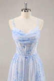 Blue Flower A-Line Cowl Neck Corset Long Bridesmaid Dress with Slit