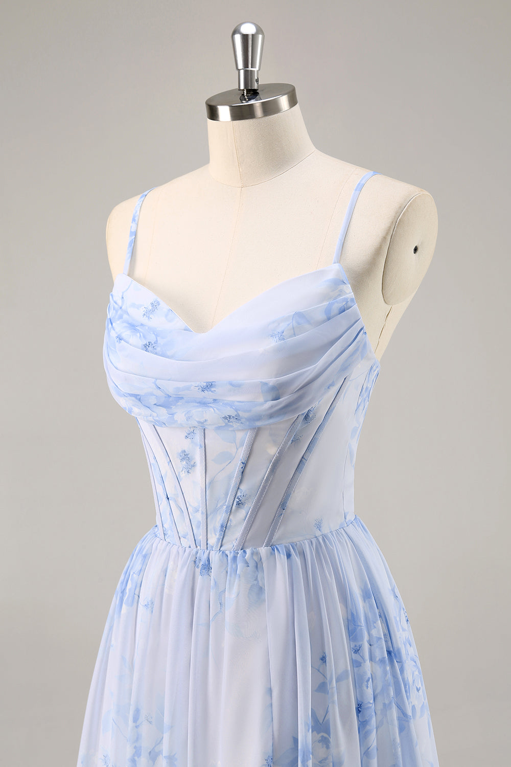 Blue Flower A-Line Cowl Neck Corset Long Bridesmaid Dress with Slit