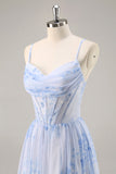 Blue Flower A-Line Cowl Neck Corset Long Bridesmaid Dress with Slit