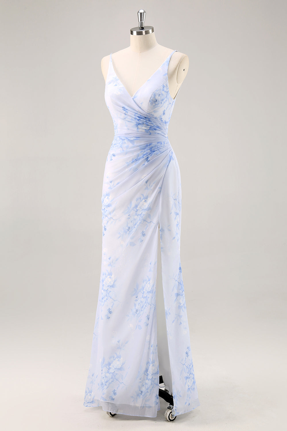 Blue Flower Sheath V Neck Ruched Long Bridesmaid Dress with Slit