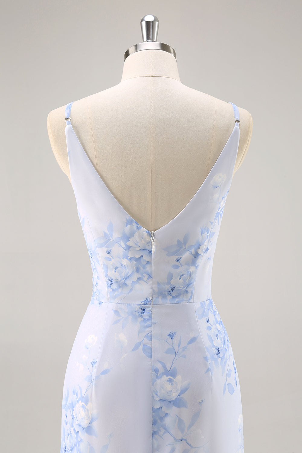 Blue Flower Sheath V Neck Ruched Long Bridesmaid Dress with Slit