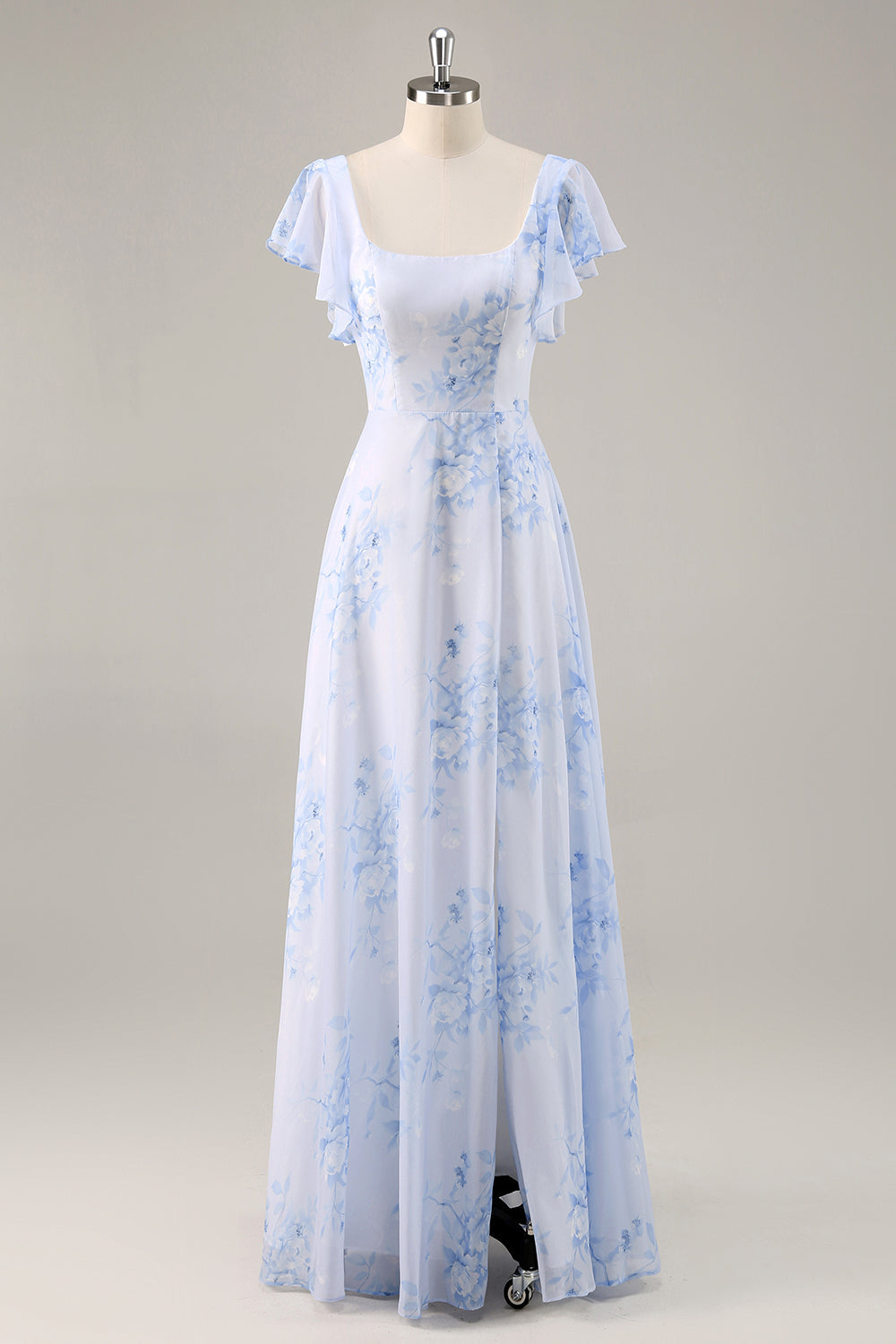 Blue Flower A-Line Square Neck Chiffon Flutter Sleeves Long Bridesmaid Dress with Slit