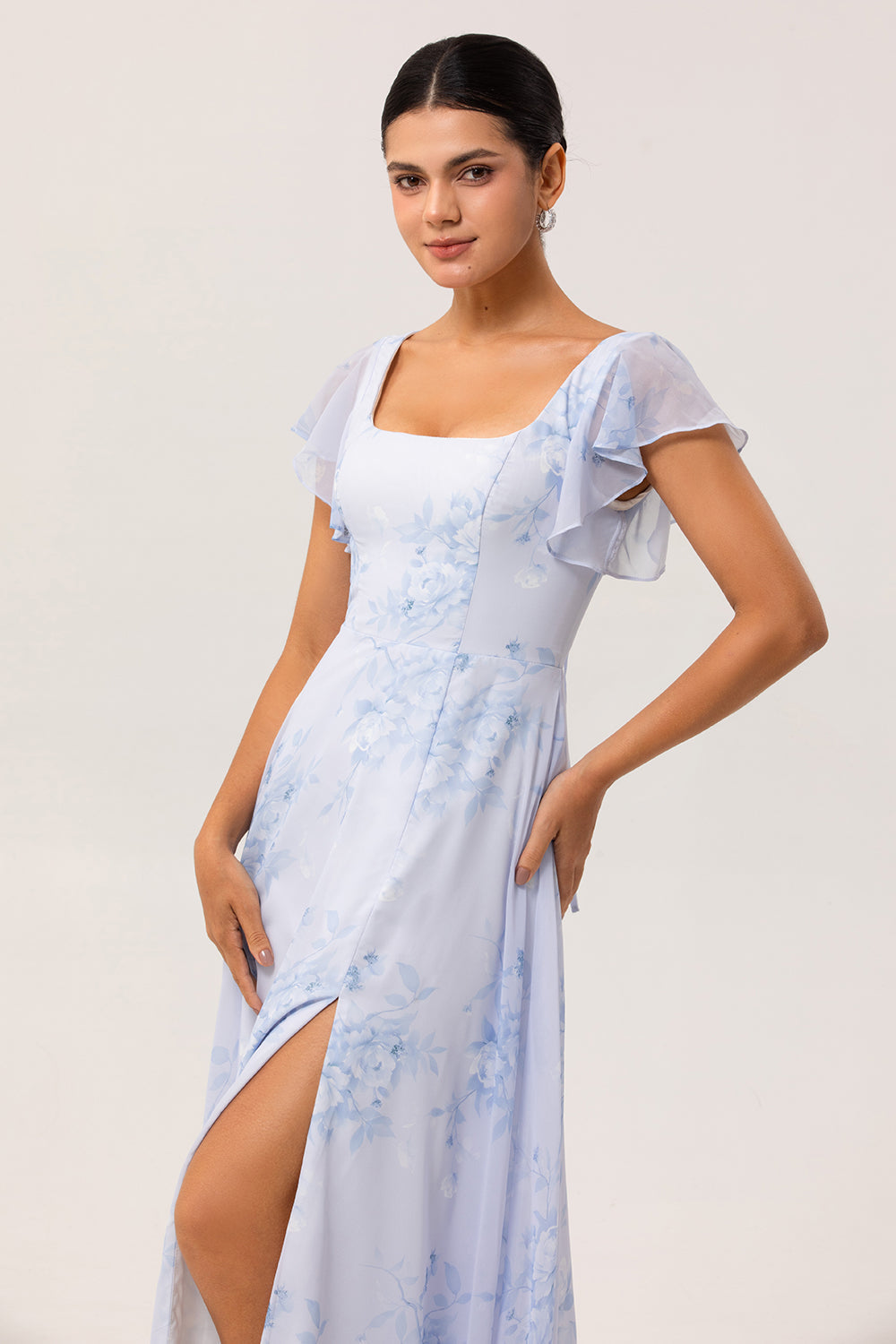 Blue Flower A-Line Square Neck Chiffon Flutter Sleeves Long Bridesmaid Dress with Slit