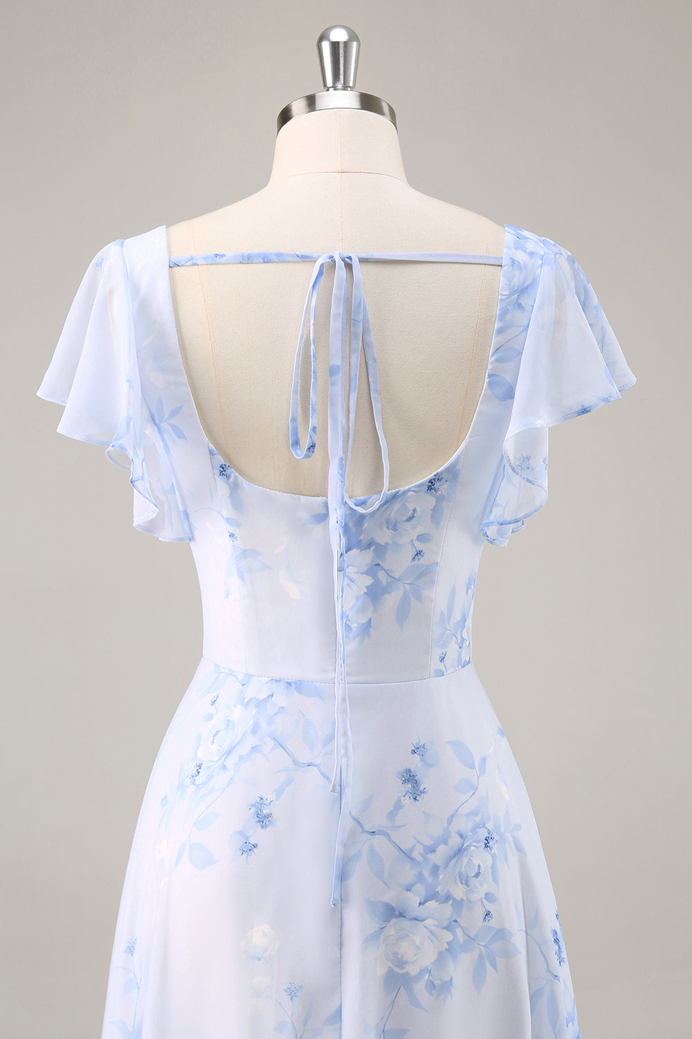 Blue Flower A-Line Square Neck Long Bridesmaid Dress with Slit
