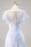 Blue Flower A-Line Square Neck Long Bridesmaid Dress with Slit