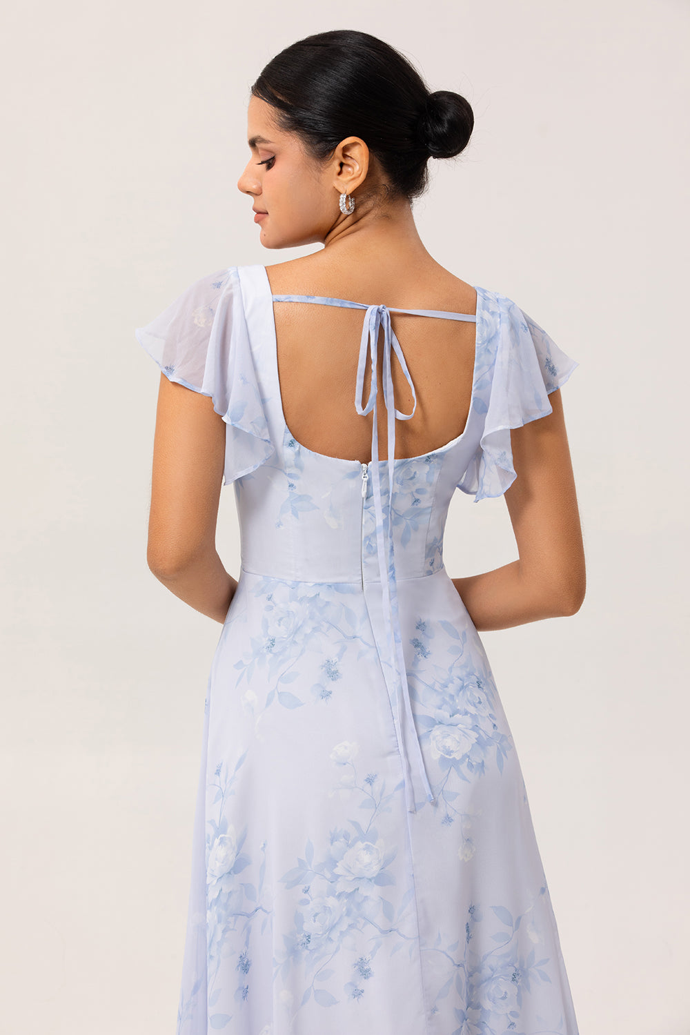 Blue Flower A-Line Square Neck Chiffon Flutter Sleeves Long Bridesmaid Dress with Slit