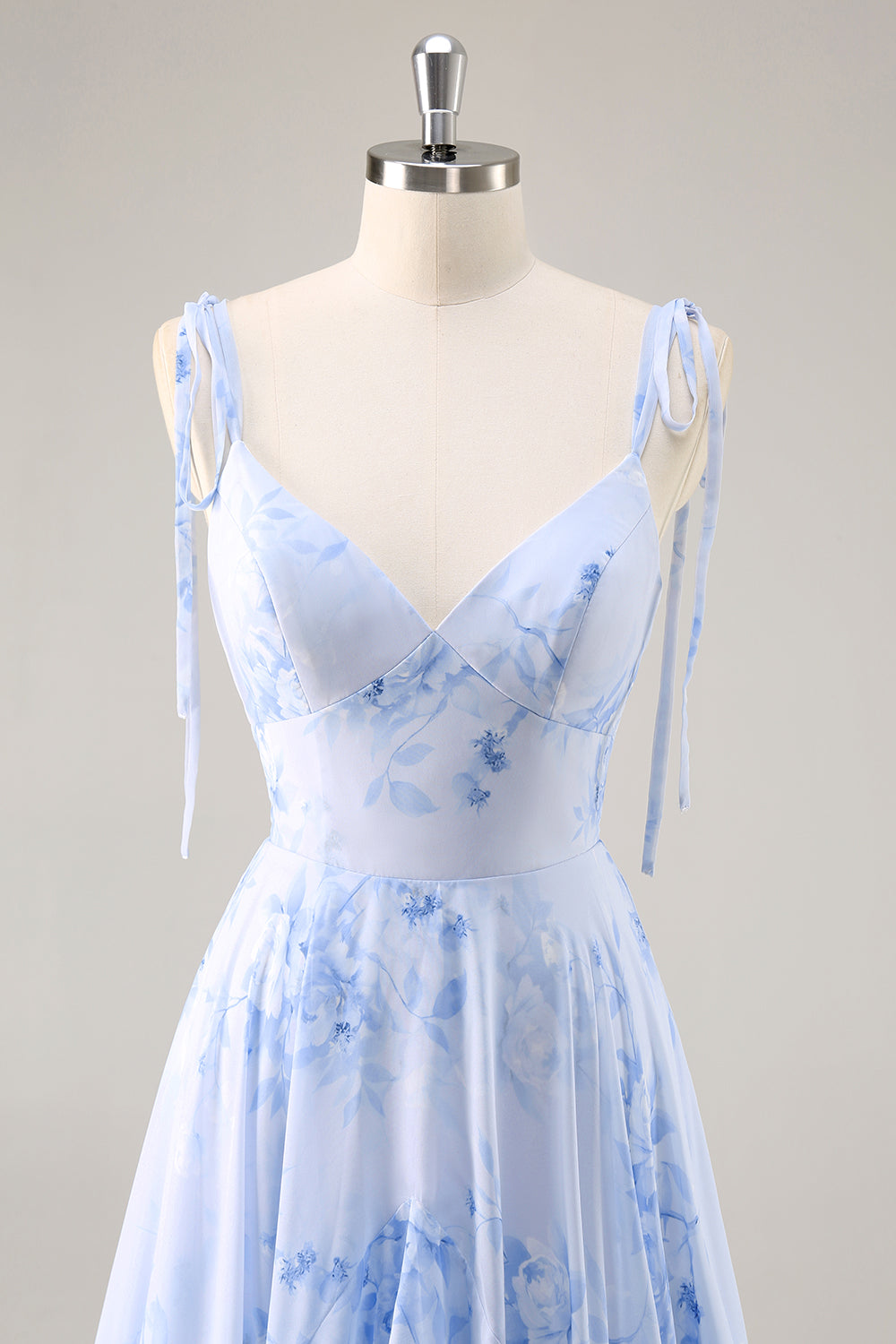 A-Line Spaghetti Straps Long Blue Floral Bridesmaid Dress with Ruffles