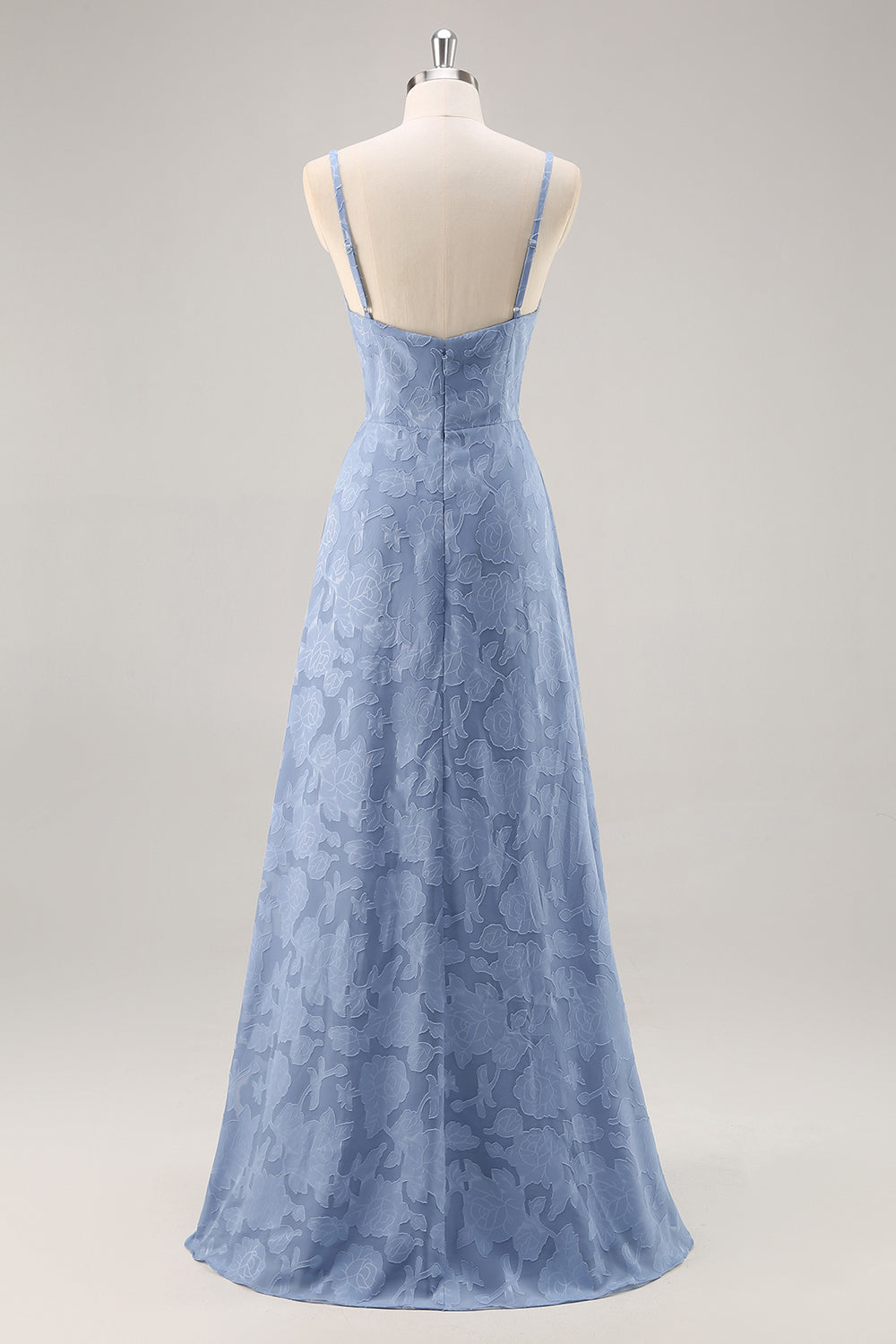 Dusty Blue A-Line Floral Long Bridesmaid Dress with Slit