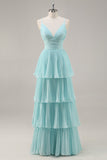 A-Line Spaghetti Straps Pleated Tiered Floor Length Chiffon Bridesmaid Dress