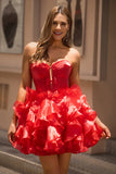 A Line Strapless Corset Tiered Red Short Prom Dress with Bows