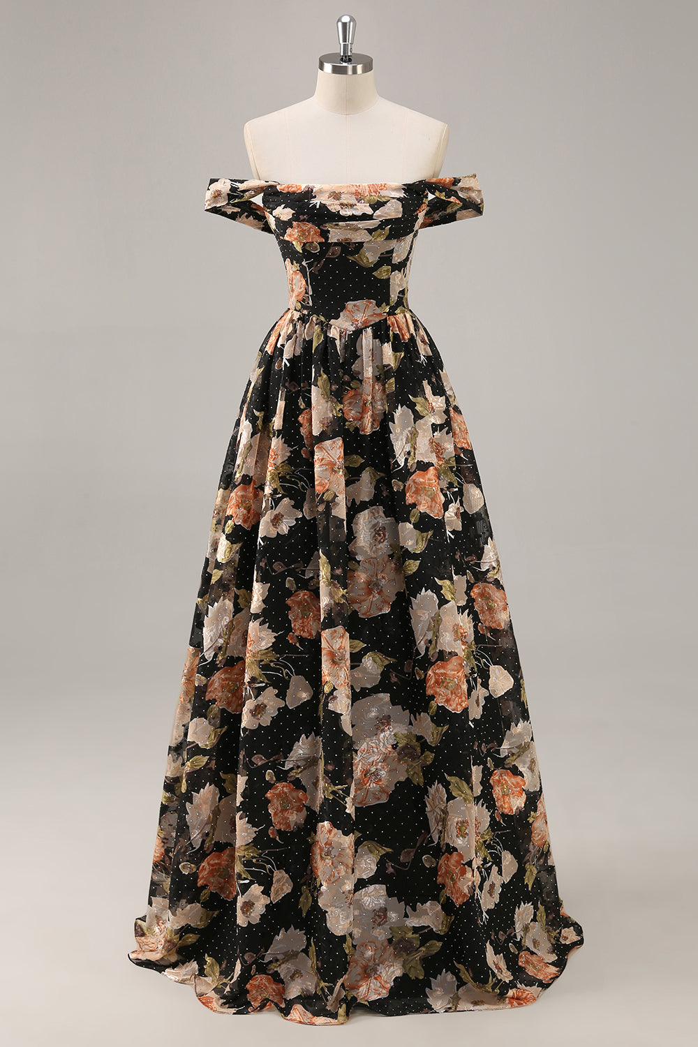 Black Flower A-Line Off The Shoulder Corset Ruched Maxi Dress with Beading