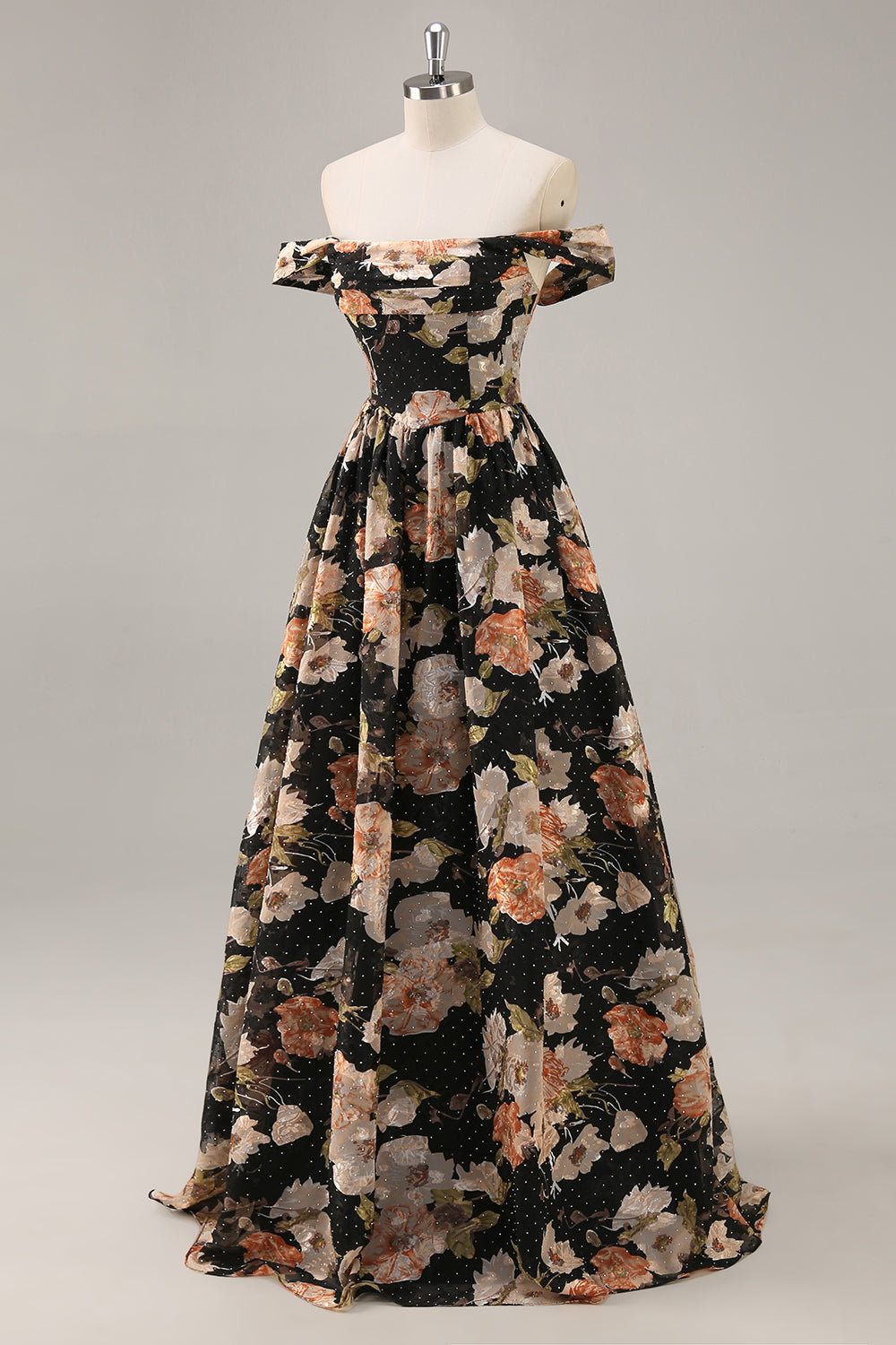 Black Flower A-Line Off The Shoulder Corset Ruched Maxi Dress with Beading