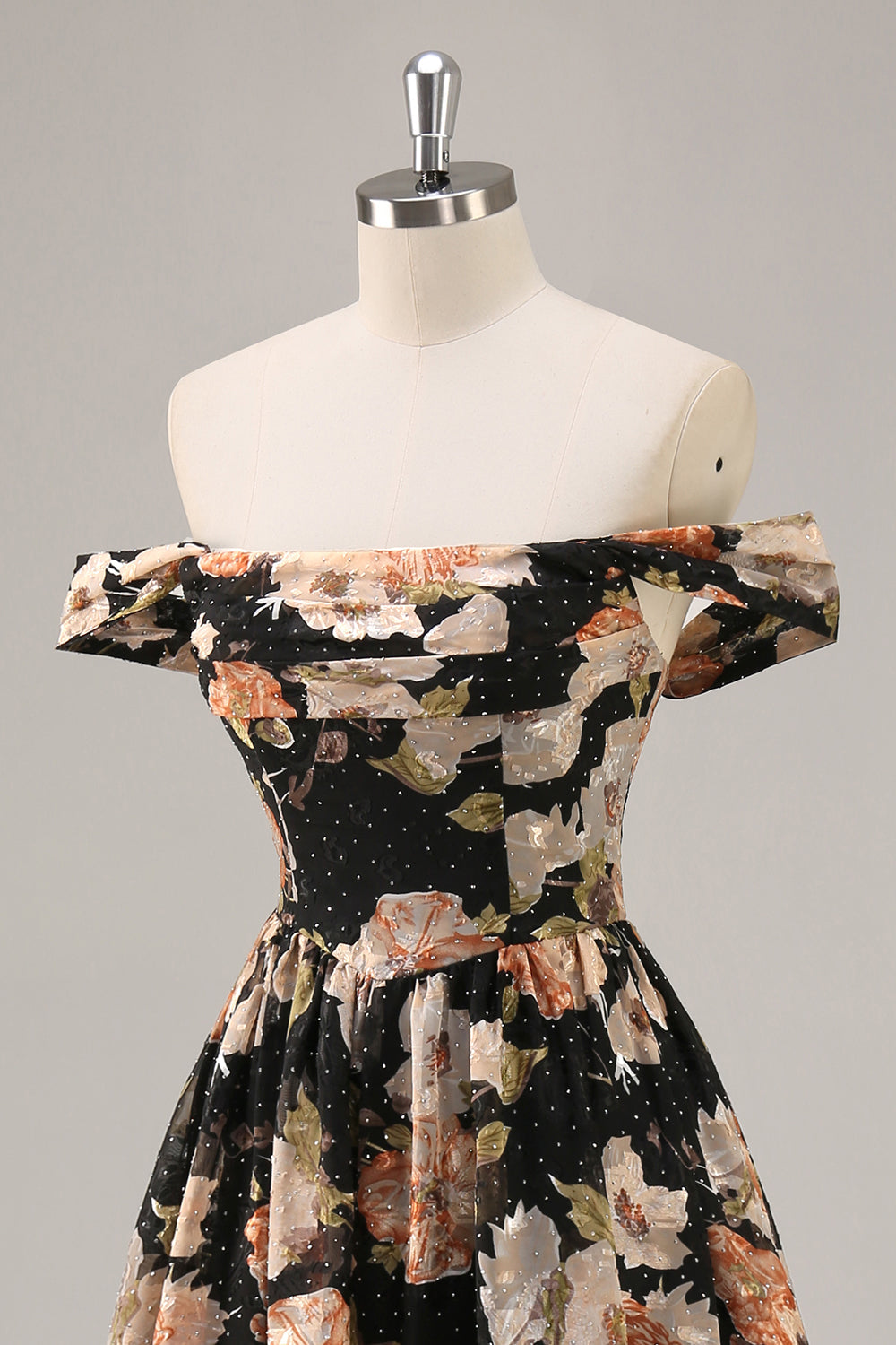 Black Flower A-Line Off The Shoulder Corset Ruched Maxi Dress with Beading