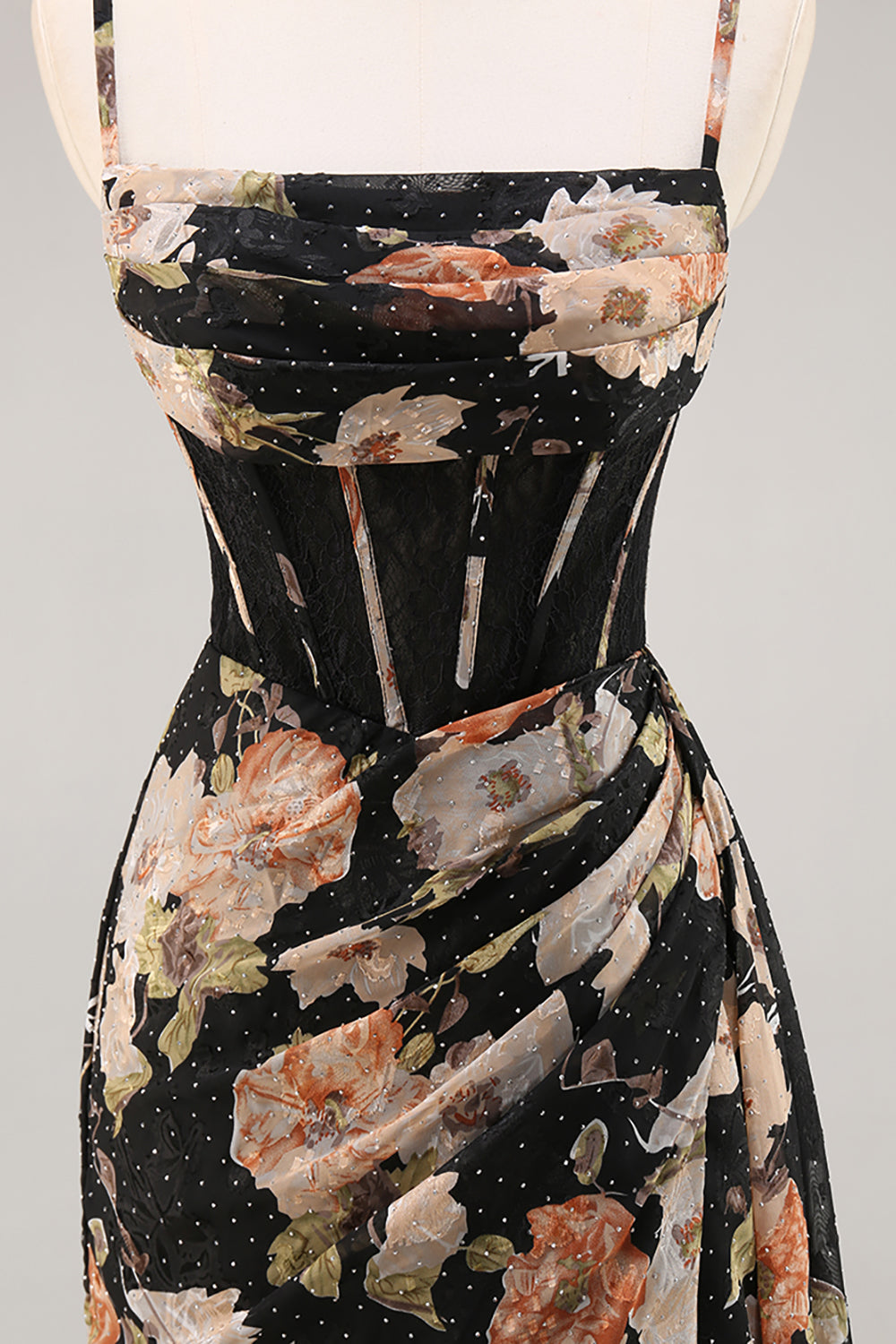 Black Flower Sheath Corset Ruched Beaded Maxi Dress with Slit