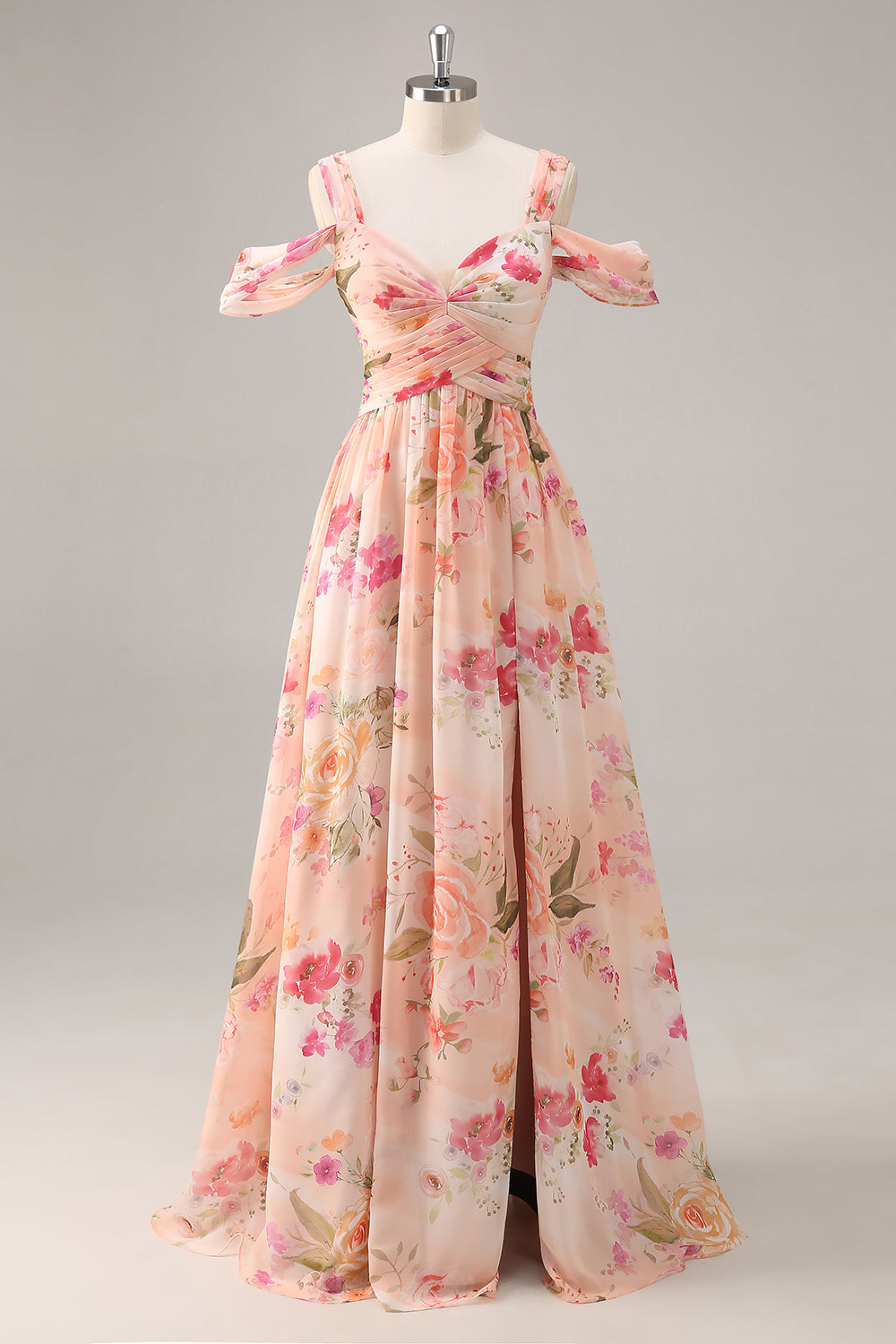 Pink Flower A-Line Cold Shoulder Long Bridesmaid Dress with Slit