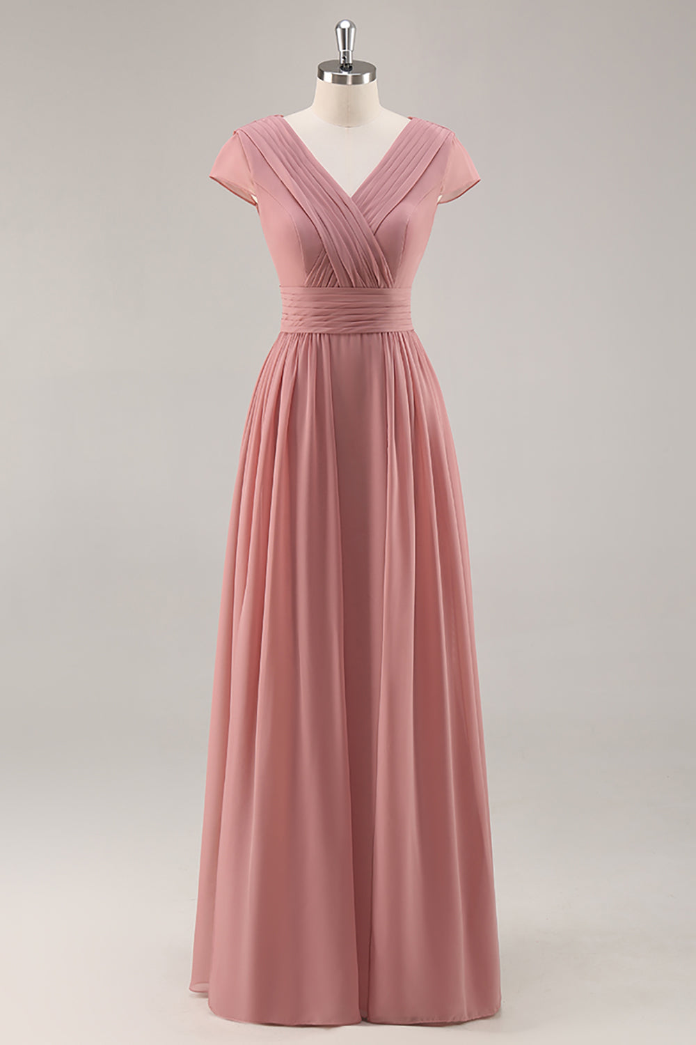 Dusty Rose A Line V Neck Chiffon Long Bridesmaid Dress