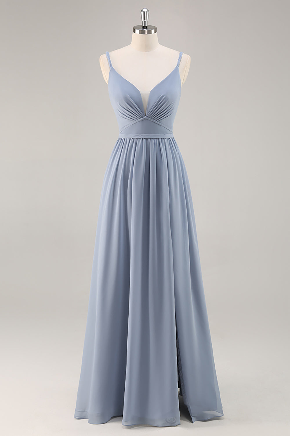 Dusty Blue A-Line Spaghetti Straps Ruched Long Bridesmaid Dress with Slit