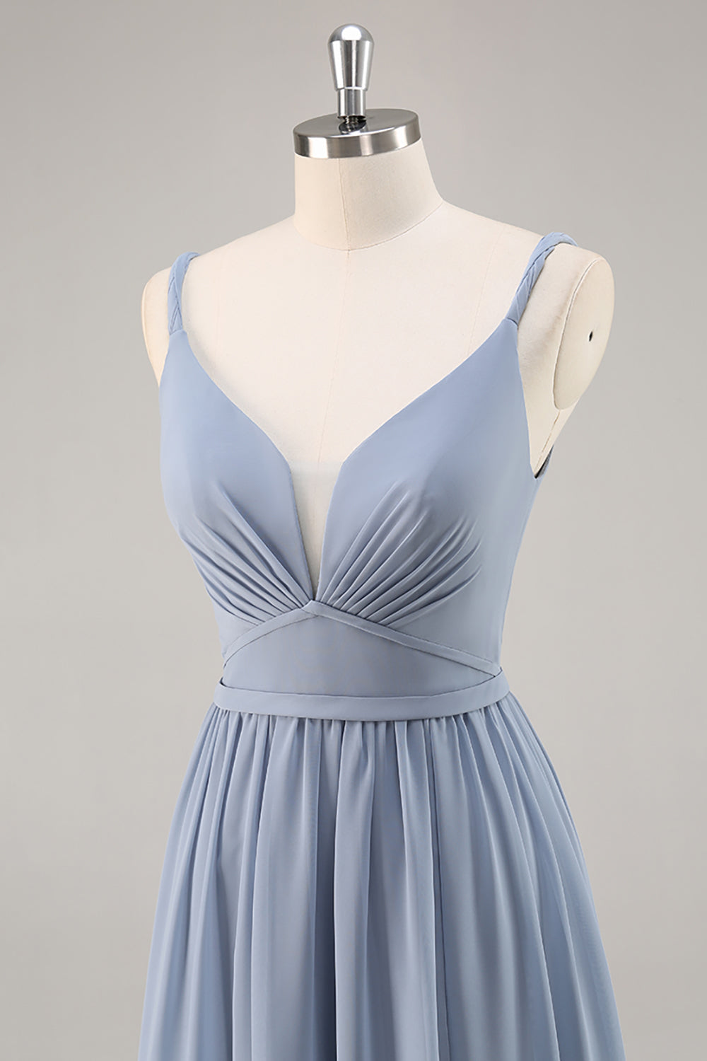 Dusty Blue A-Line Spaghetti Straps Ruched Long Bridesmaid Dress with Slit