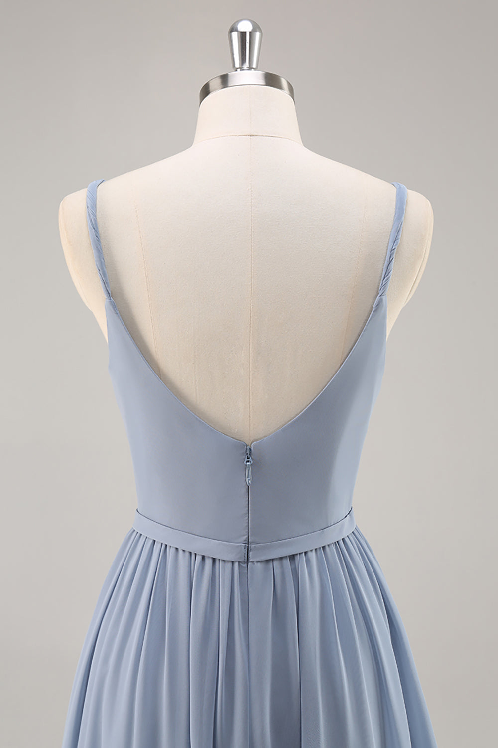 Dusty Blue A-Line Spaghetti Straps Ruched Long Bridesmaid Dress with Slit
