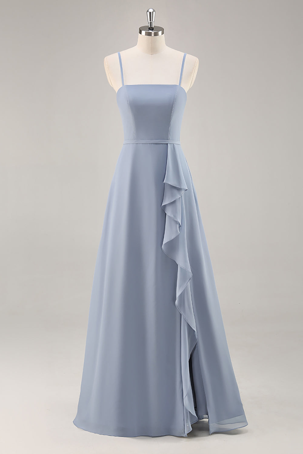 Dusty Blue A-Line Spaghetti Straps Chiffon Long Bridesmaid Dress with Ruffle Slit