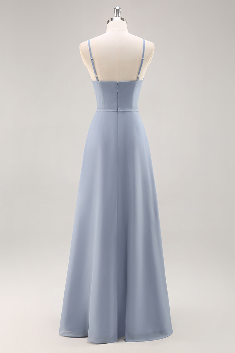 Dusty Blue A-Line Spaghetti Straps Chiffon Long Bridesmaid Dress with Ruffle Slit