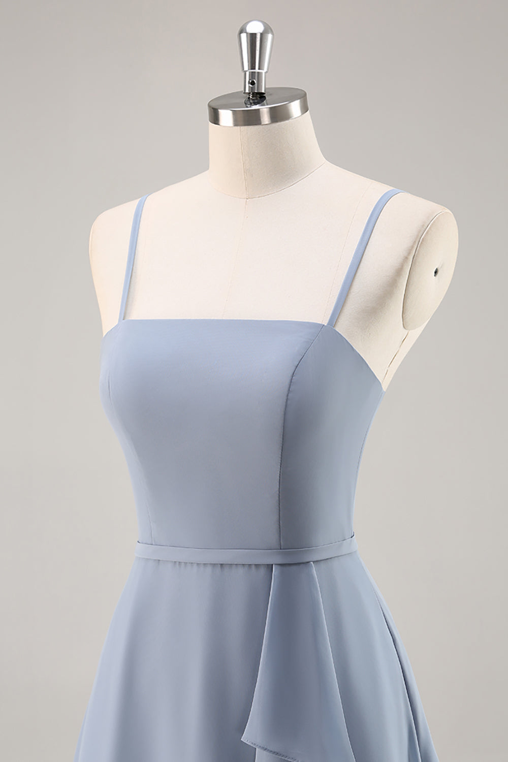 Dusty Blue A-Line Spaghetti Straps Chiffon Long Bridesmaid Dress with Ruffle Slit