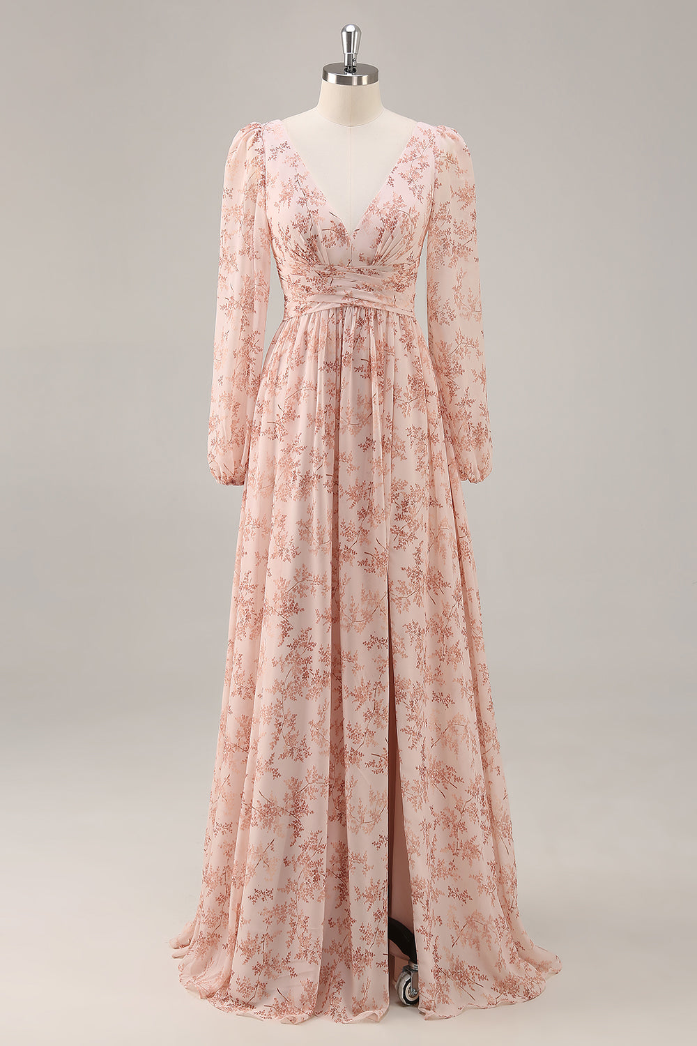 Pink Flower A-Line V Neck Backless Long Bridesmaid Dress with Slit
