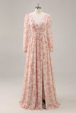Pink Flower A-Line V Neck Backless Long Bridesmaid Dress with Slit