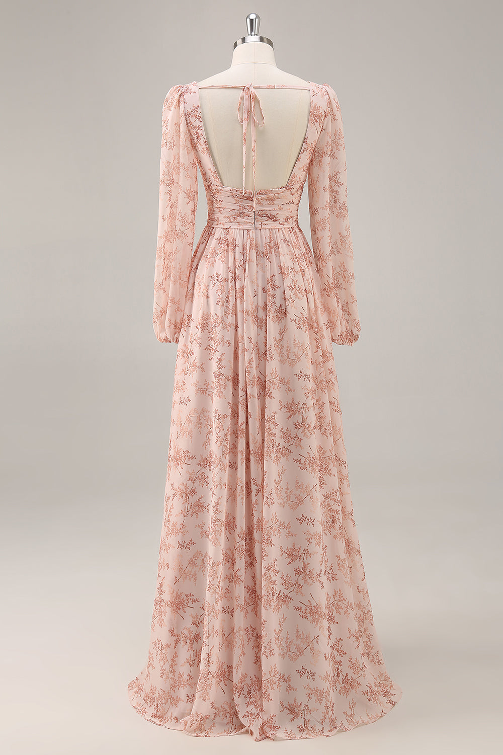 Pink Flower A-Line V Neck Backless Long Bridesmaid Dress with Slit
