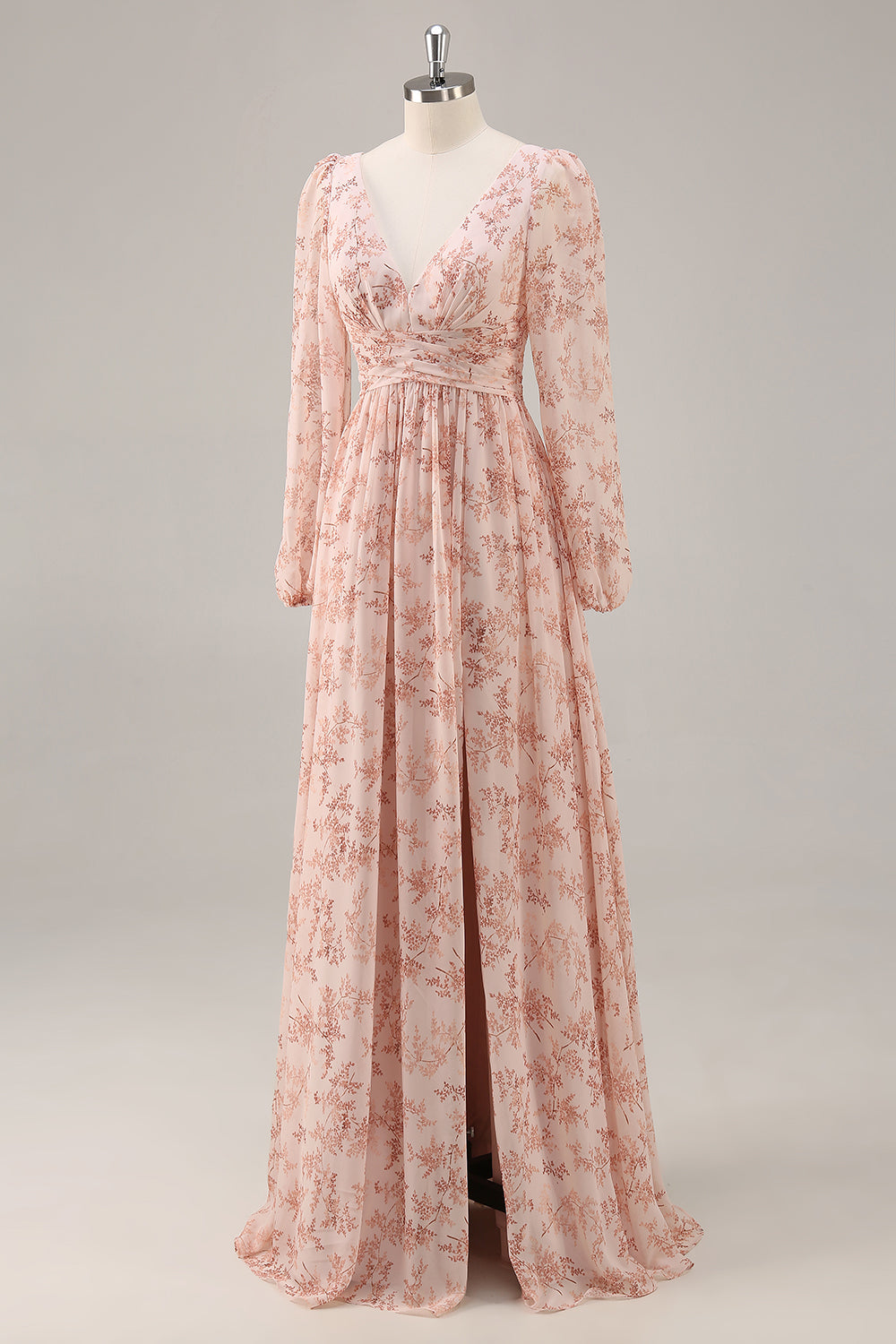 Pink Flower A-Line V Neck Backless Long Bridesmaid Dress with Slit