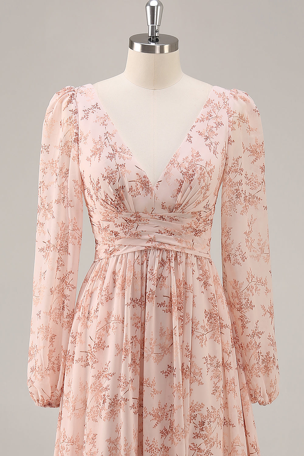 Pink Flower A-Line V Neck Backless Long Bridesmaid Dress with Slit
