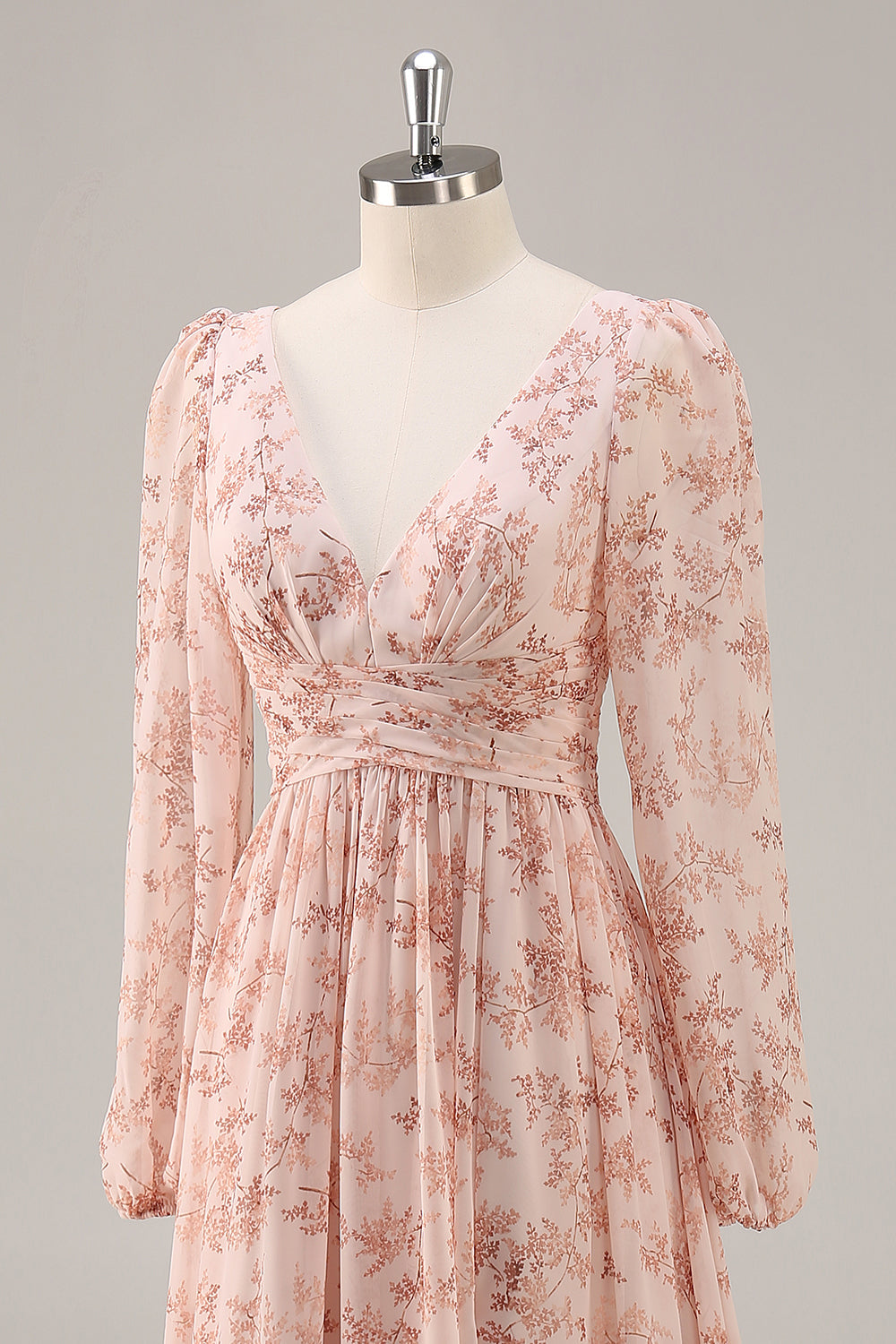 Pink Flower A-Line V Neck Backless Long Bridesmaid Dress with Slit