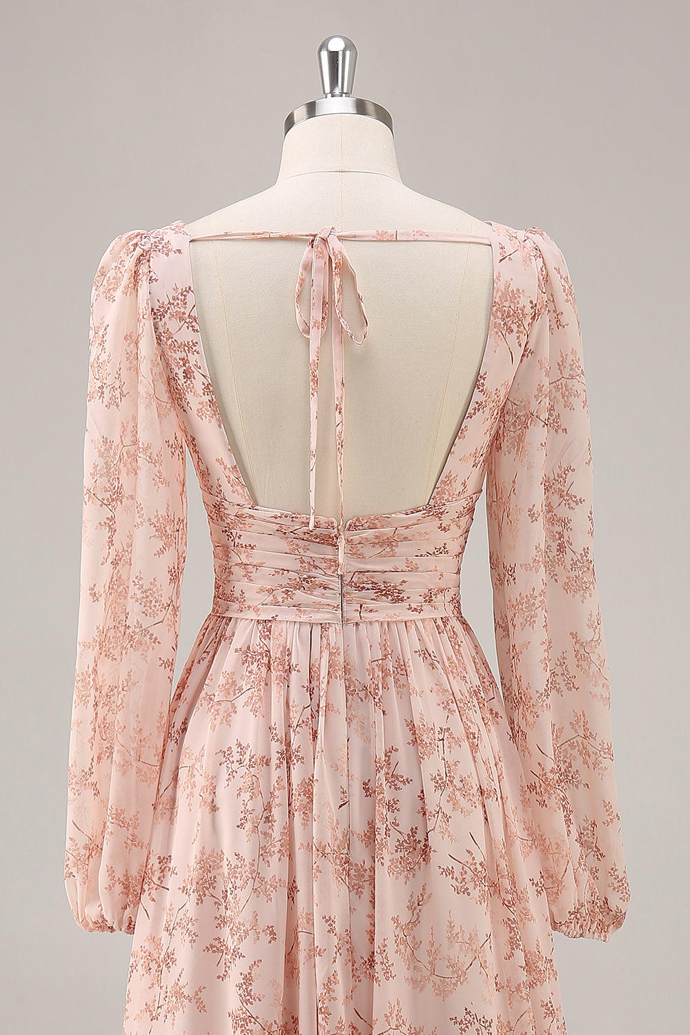 Pink Flower A-Line V Neck Backless Long Bridesmaid Dress with Slit