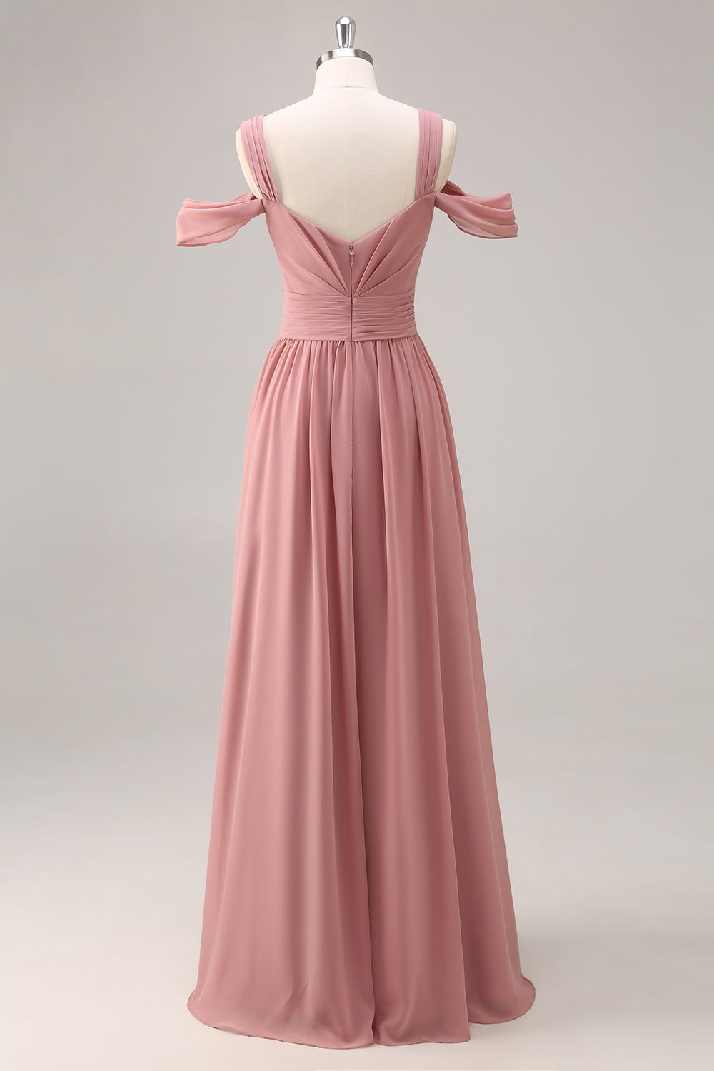 Dusty Rose A Line Cold Shoulder Chiffon Long Bridesmaid Dress with Slit