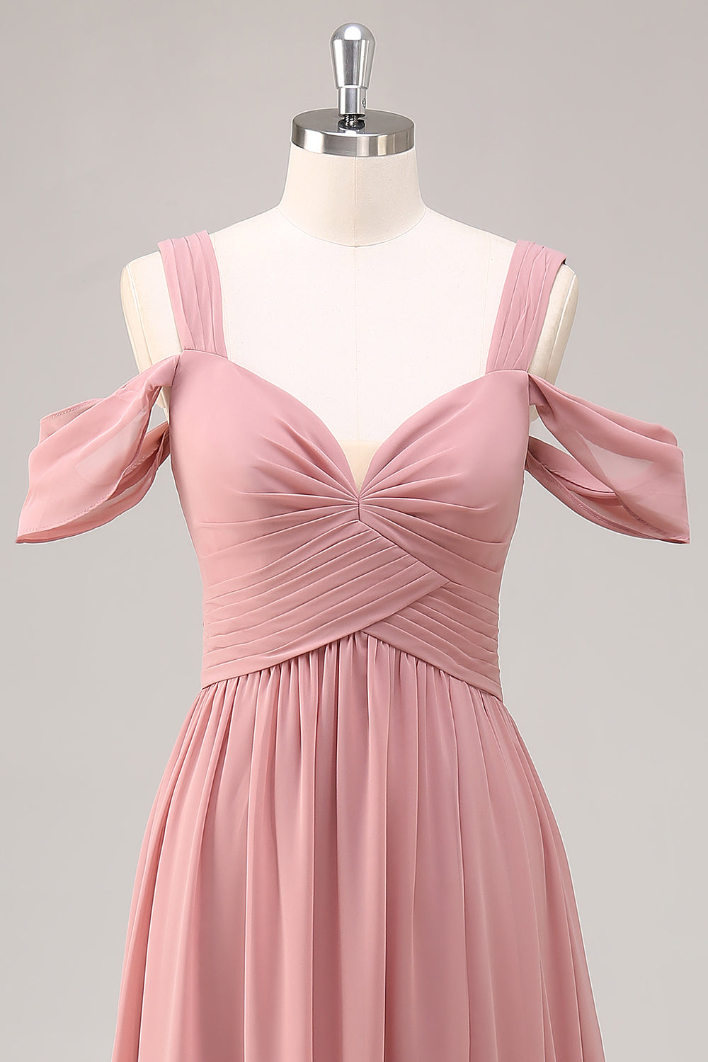 Dusty Rose A Line Cold Shoulder Chiffon Long Bridesmaid Dress with Slit