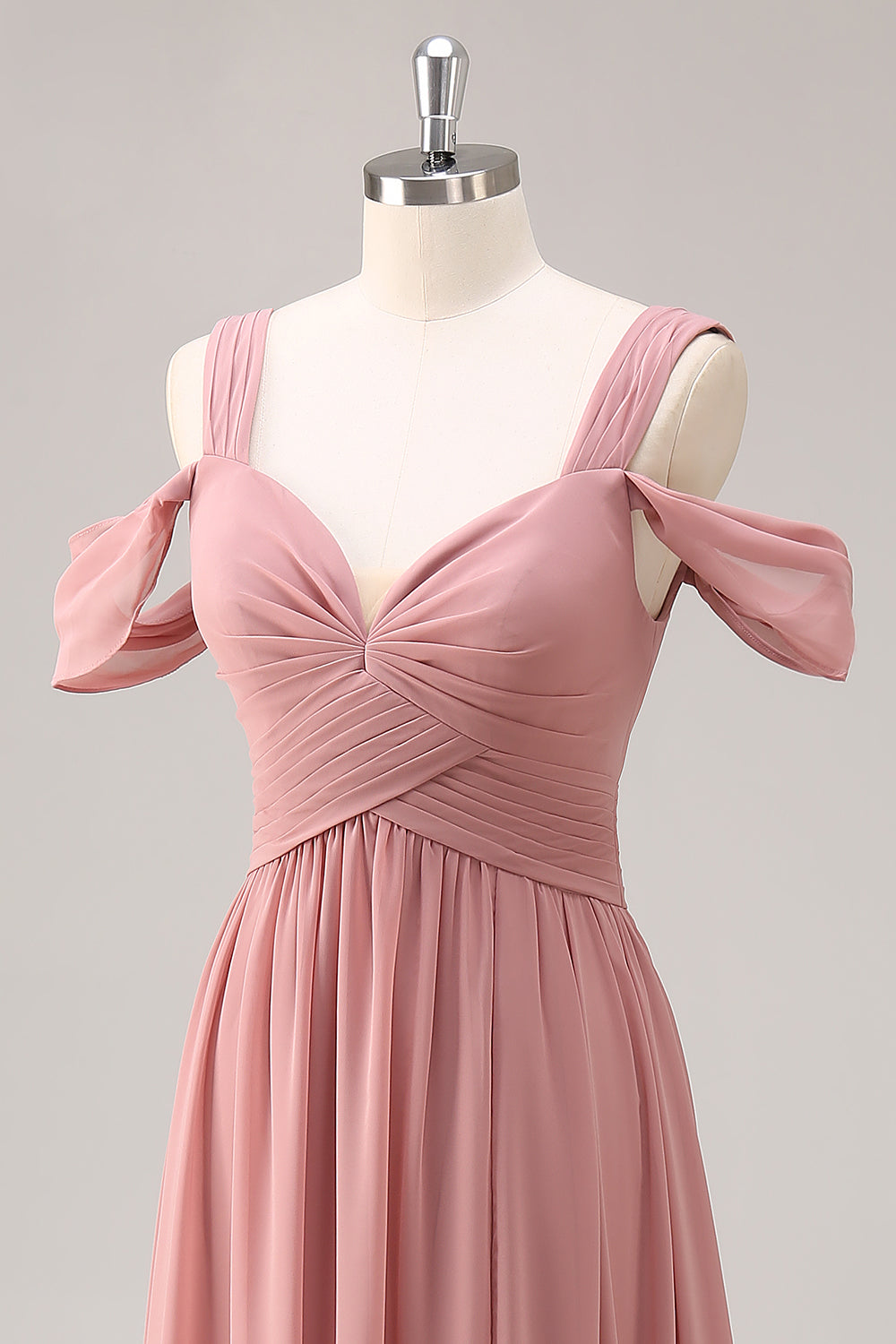 Dusty Rose A Line Cold Shoulder Chiffon Long Bridesmaid Dress with Slit
