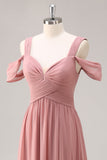 Dusty Rose A Line Cold Shoulder Chiffon Long Bridesmaid Dress with Slit