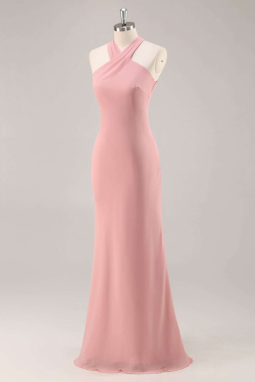 Blush Sheath Halter Chiffon Long Bridesmaid Dress