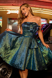 Sparkly Metallic Strapless Peacock Green Ruched A Line Mini Prom Dress