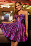 Metallic Dark Purple A-Line Strapless Cut Out Corset Short Prom Dress