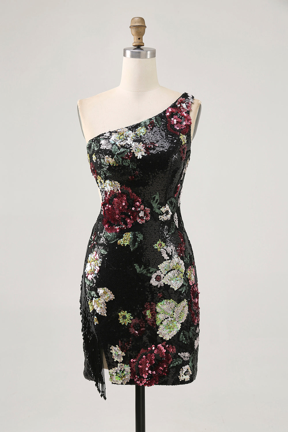 Flower Bodycon Sequin One Shoulder Little Black Dress