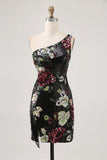 Flower Bodycon Sequin One Shoulder Little Black Dress