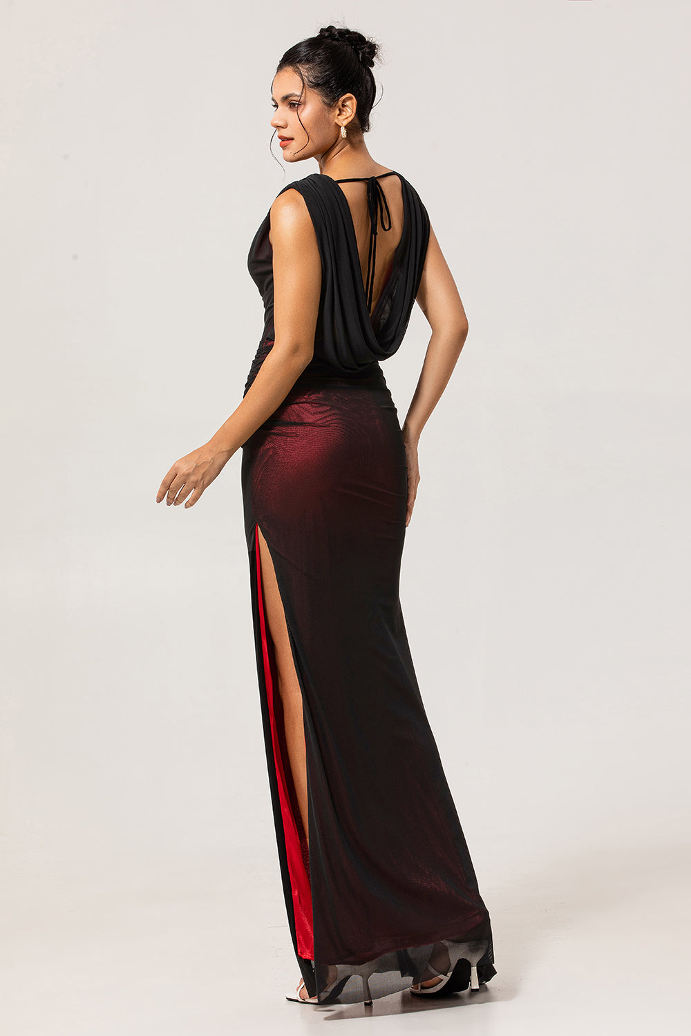 Black Mesh Sheath Cowl Neck Open Back Maxi Dress with Red Lining
