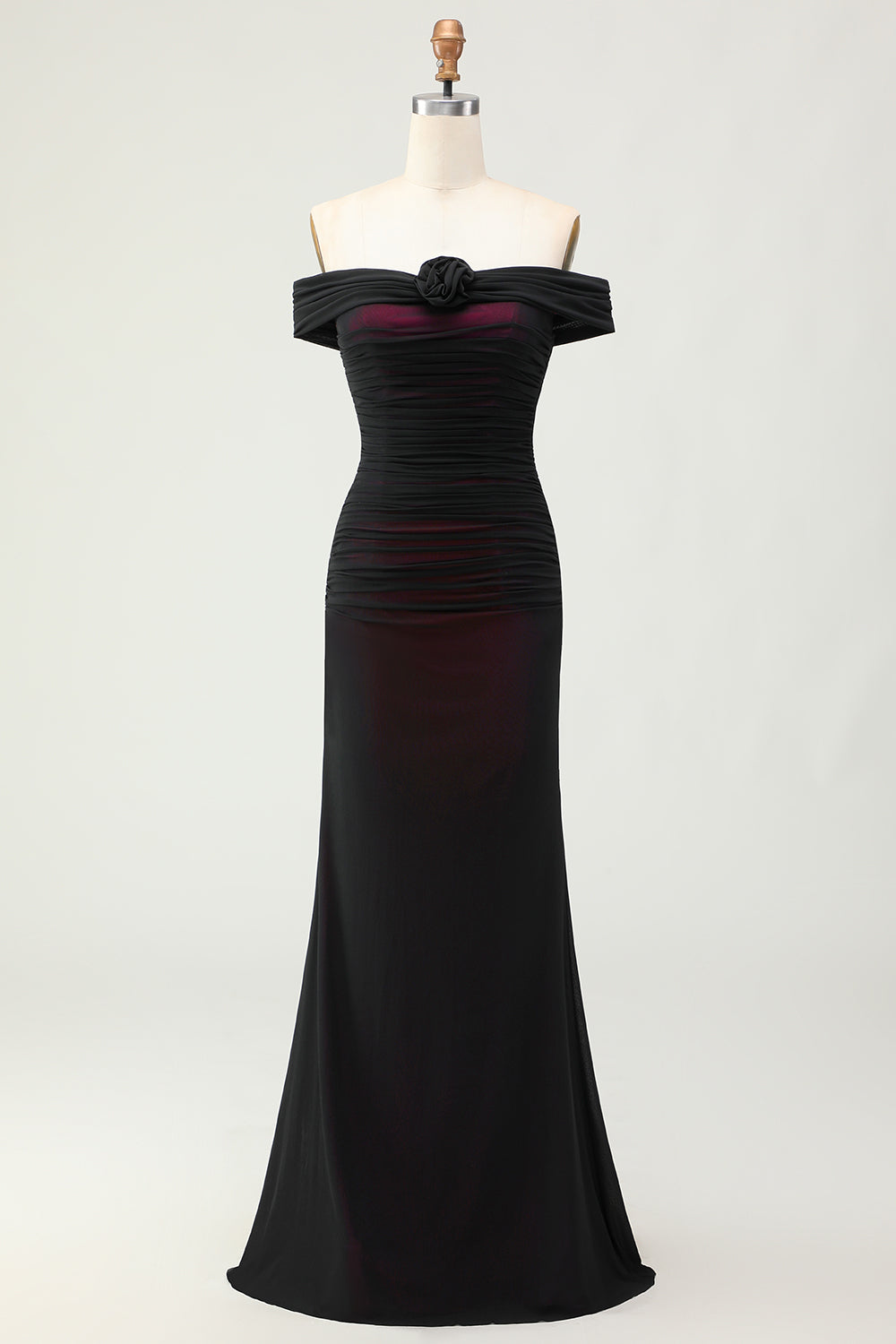 Mermaid Off the Shoulder Black Pink Ruched Maxi Dress with 3D Flower