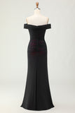 Mermaid Off the Shoulder Black Pink Ruched Maxi Dress with 3D Flower