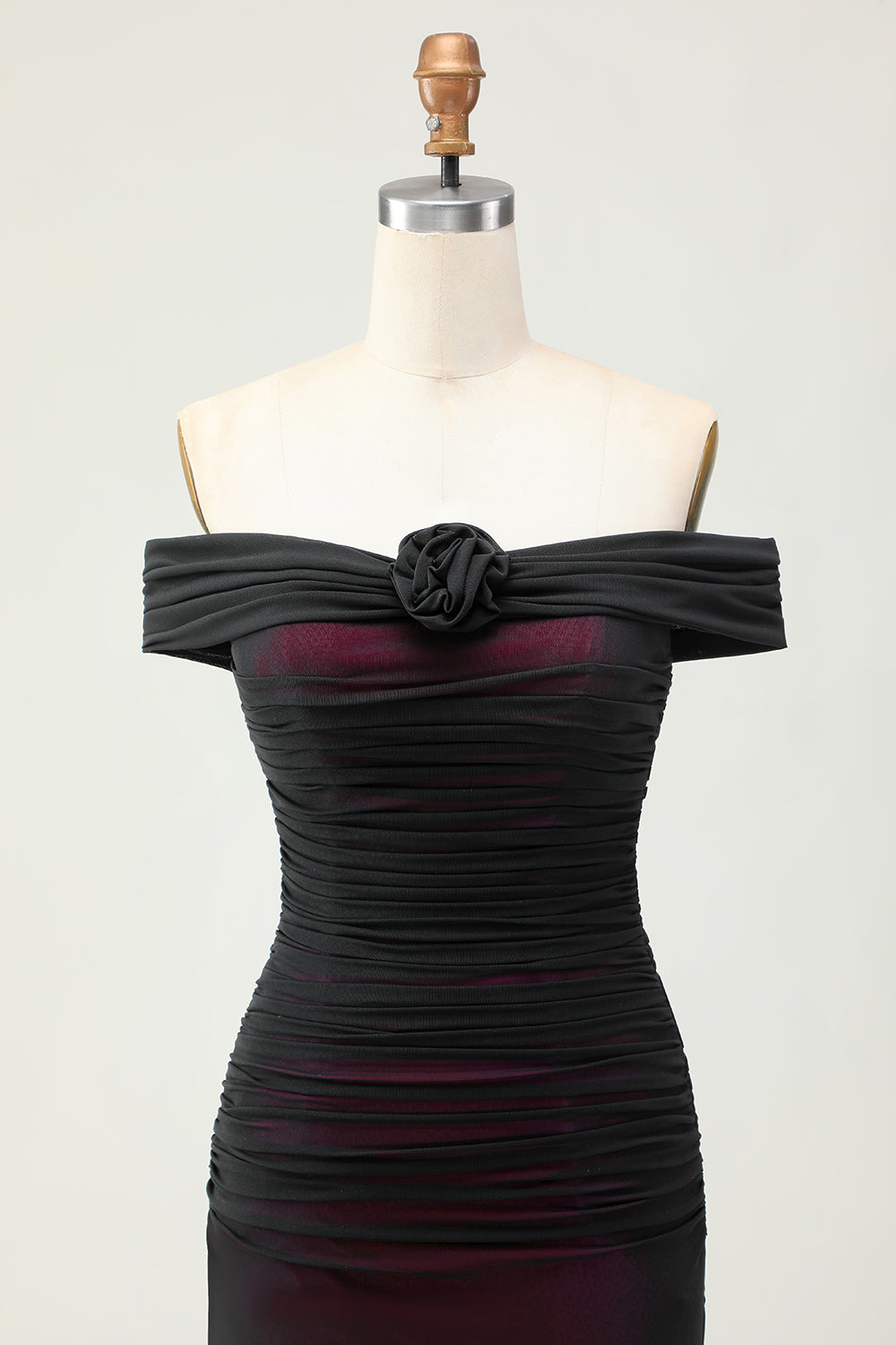 Mermaid Off the Shoulder Black Pink Ruched Maxi Dress with 3D Flower